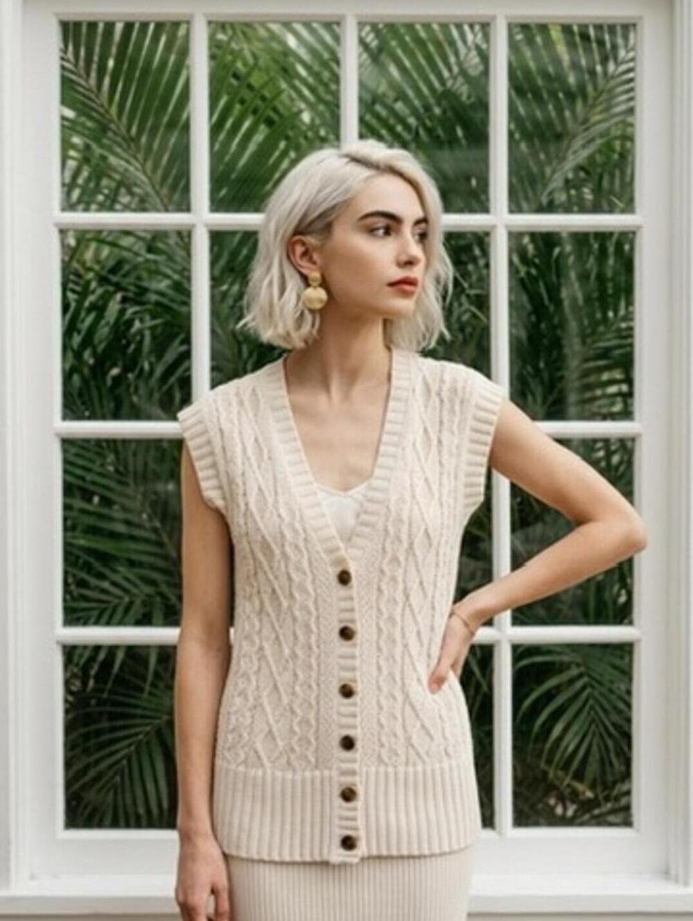 Aerie V-neck Cotton Cable Knit Sweater Vest Cream M Preppy Academia Y2K